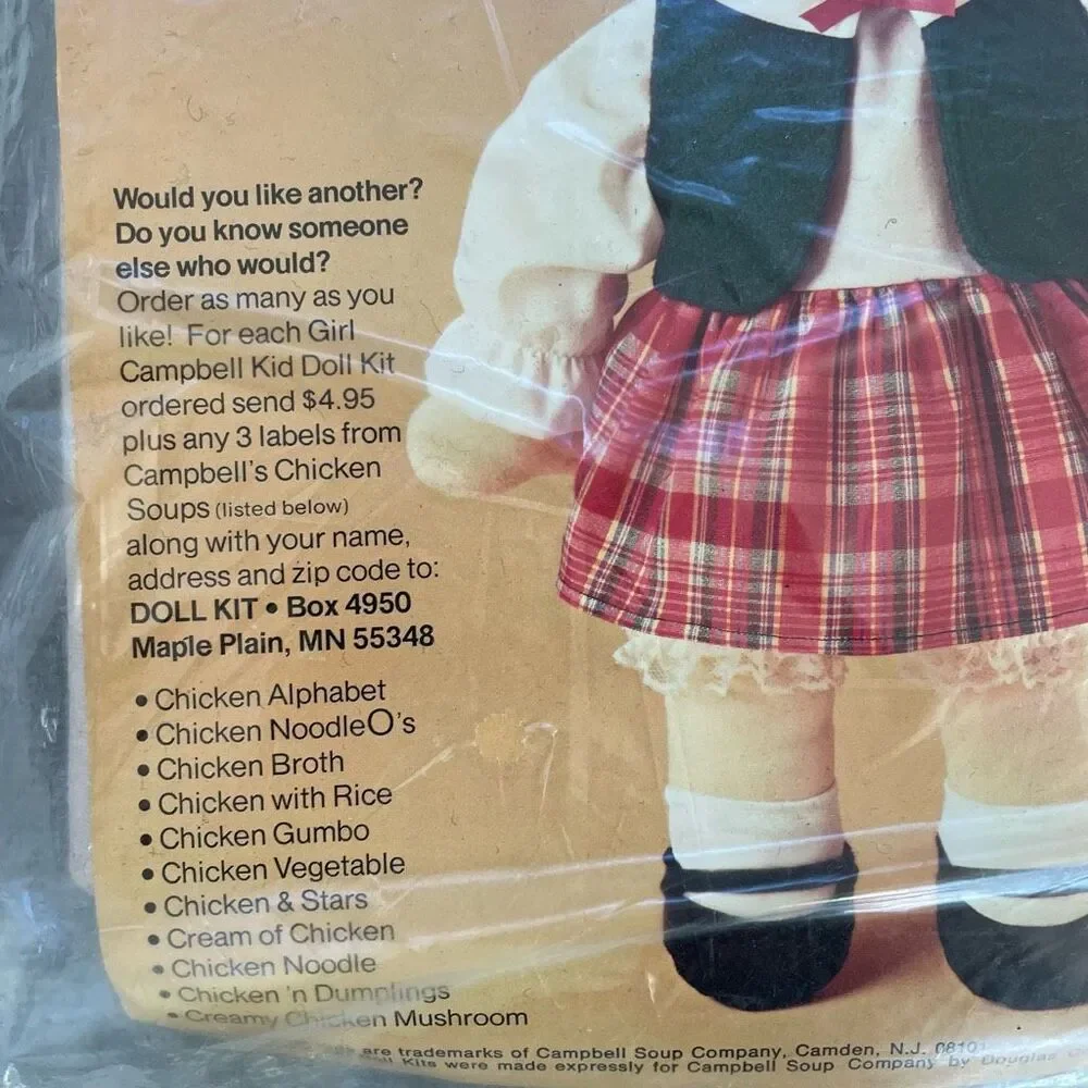 Vintage NIP NOS New 70s Campbell’s Soup Campbell Kid Doll Kit Sealed Unassembled